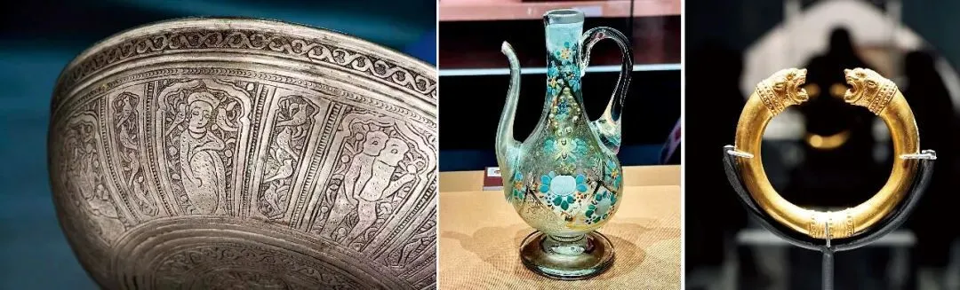 来到中国的伊朗文物：左起恺伽王朝银碗（局部），装饰伊朗年轻女性、情侣及兔子和飞鸟图案（图/受访者提供）；公元16世纪萨法维王朝的“花卉纹玻璃壶”（图/受访者提供）；公元前550—前330年阿契美尼德王朝的“黄金狮首授权环”（摄影/本刊记者刘文华）